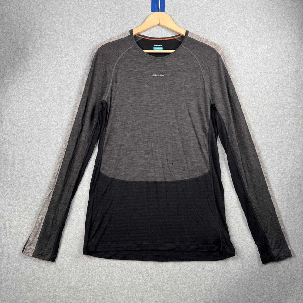 Icebreaker Top Mens Large Black Gray 125 ZoneKnit Wool Blend Base Layer Long Slv